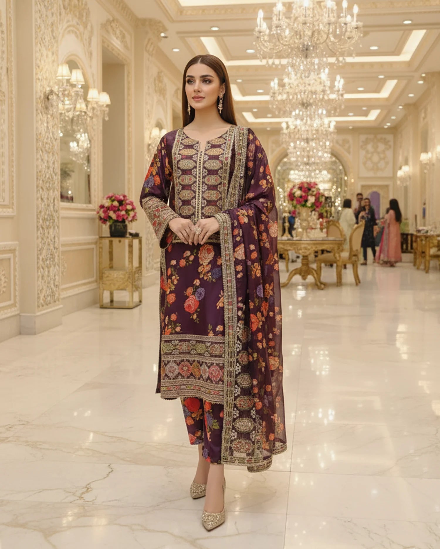 Presenting "Nimra" Designer Embroidered Printed Three Piece Suit