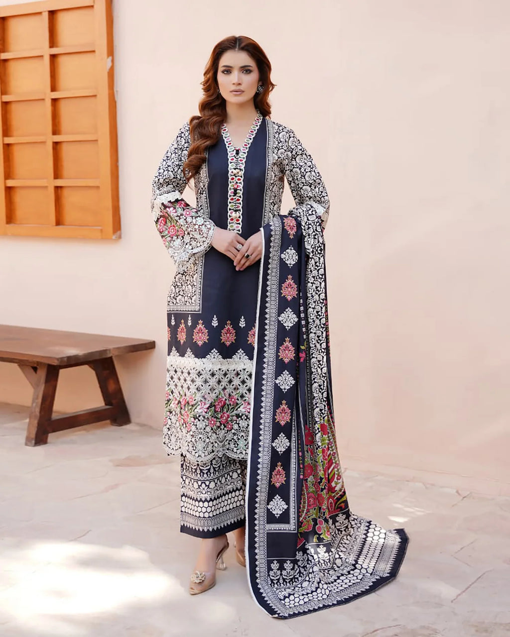 "Rangni" Designer Printed Embroidered Three Piece Suits