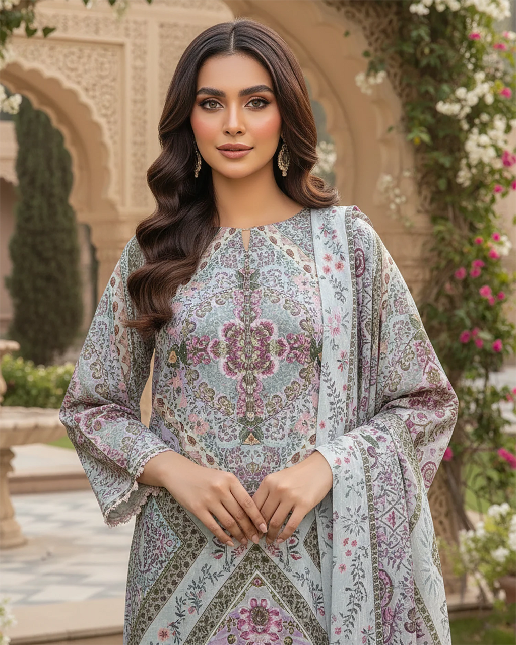 Digital Printed Long A/Line Shirt Long Three pc Suits