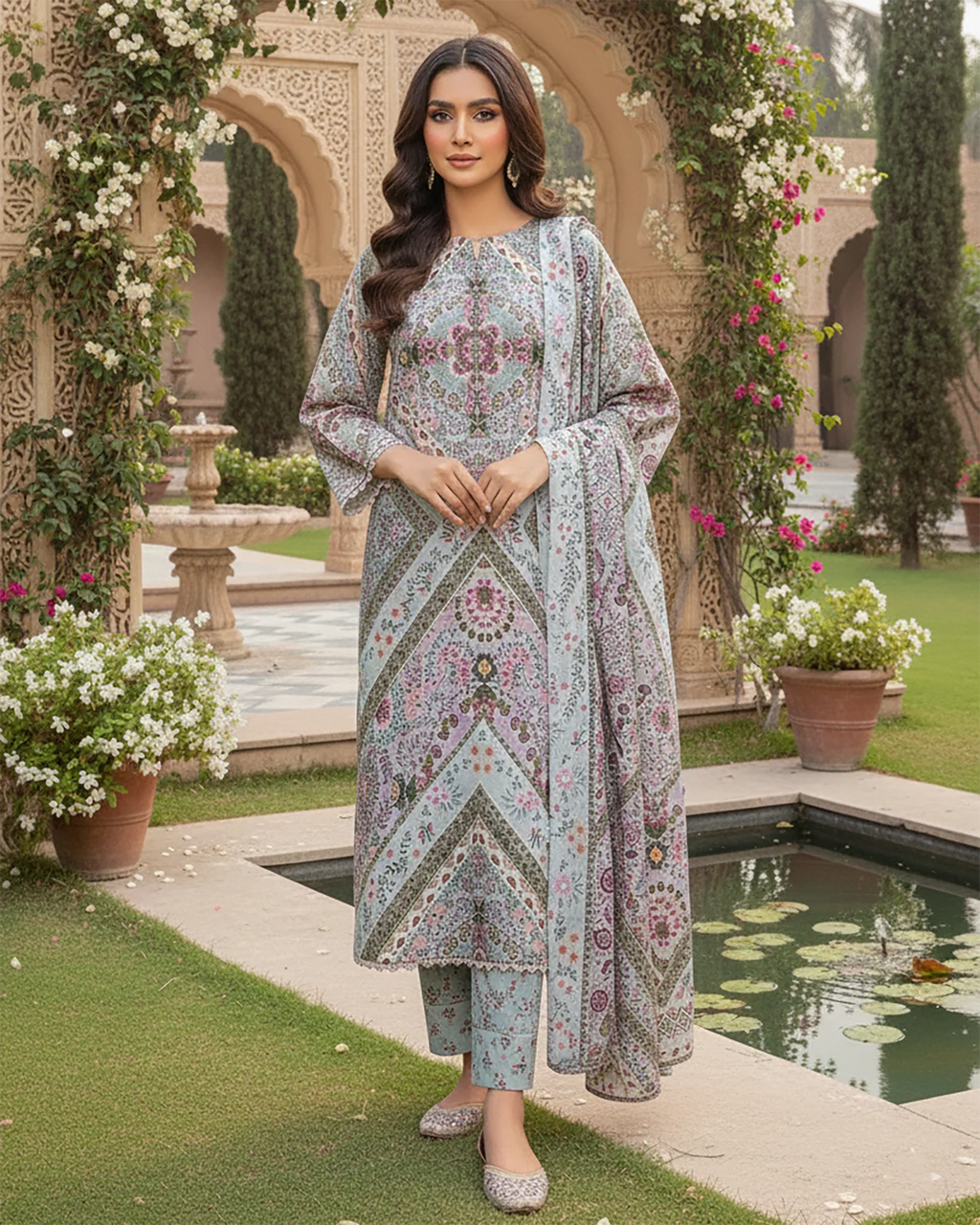 Digital Printed Long A/Line Shirt Long Three pc Suits