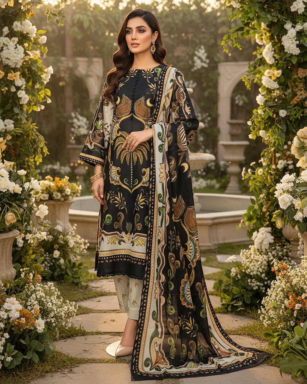 Digital Printed Long A/Line Shirt Long Three pc Suits