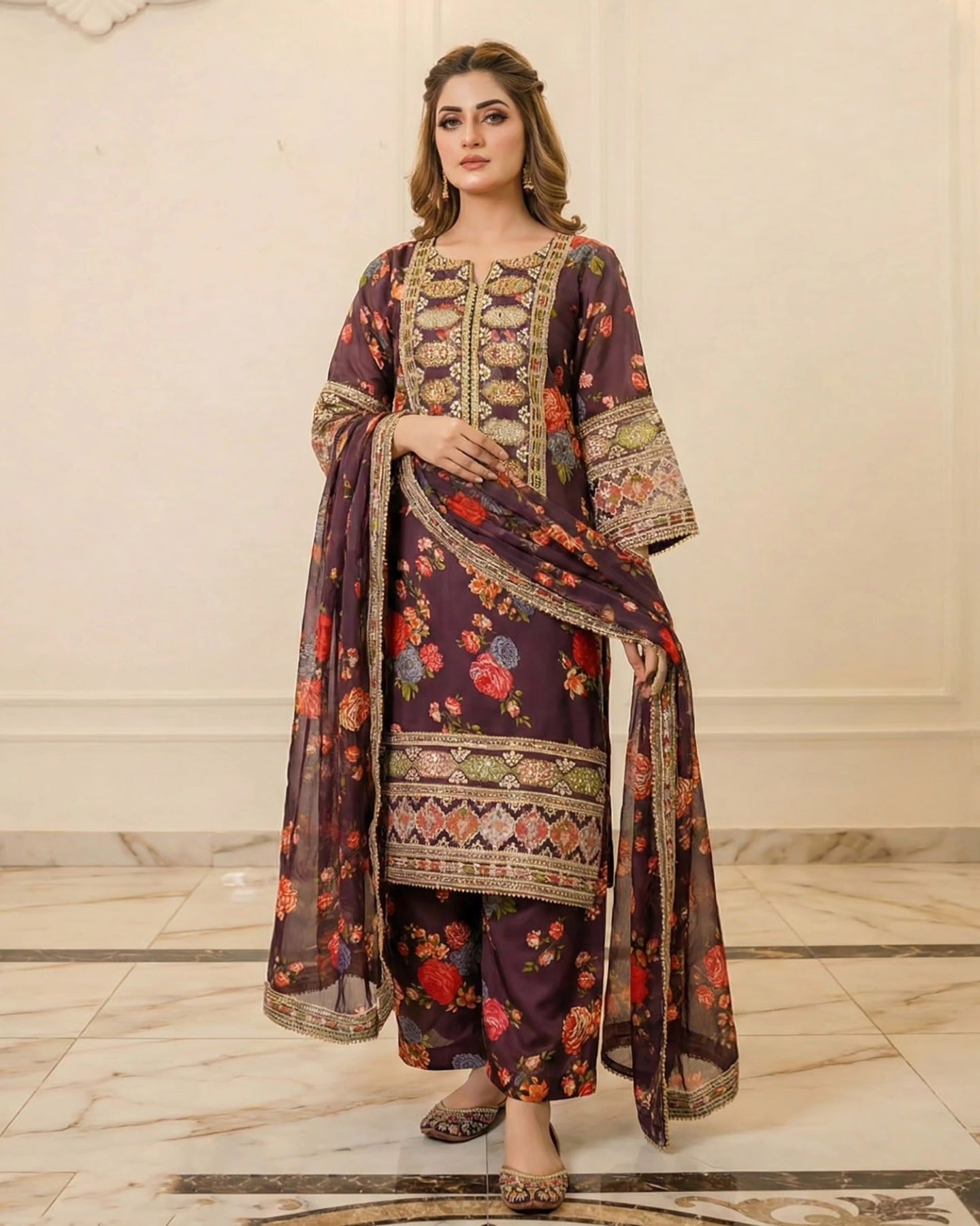 Presenting "Nimra" Designer Embroidered Printed Three Piece Suit