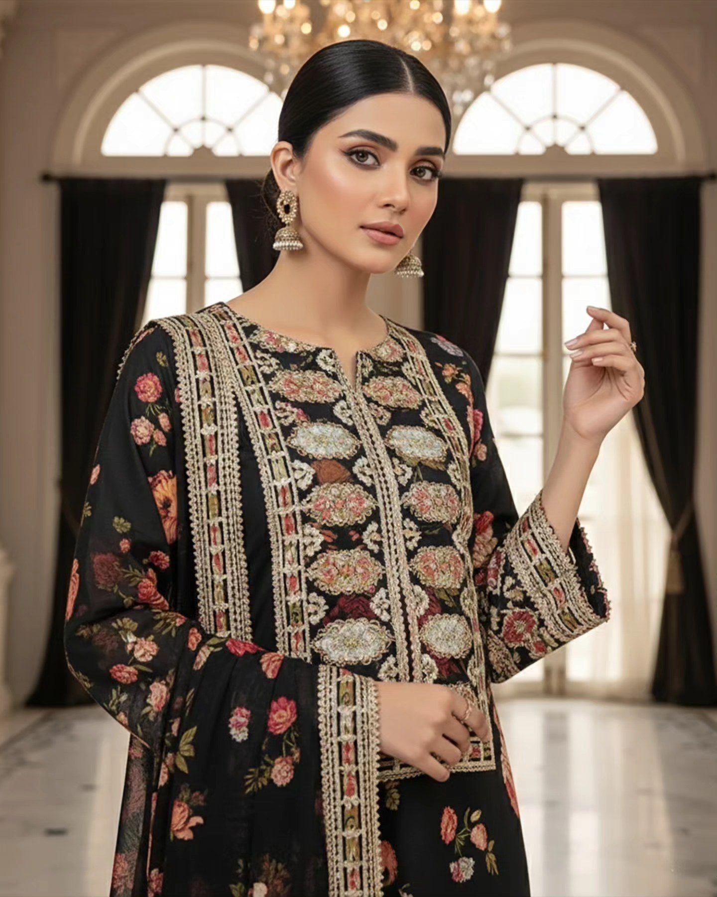 Presenting "Nimra" Designer Embroidered Printed Three Piece Suit