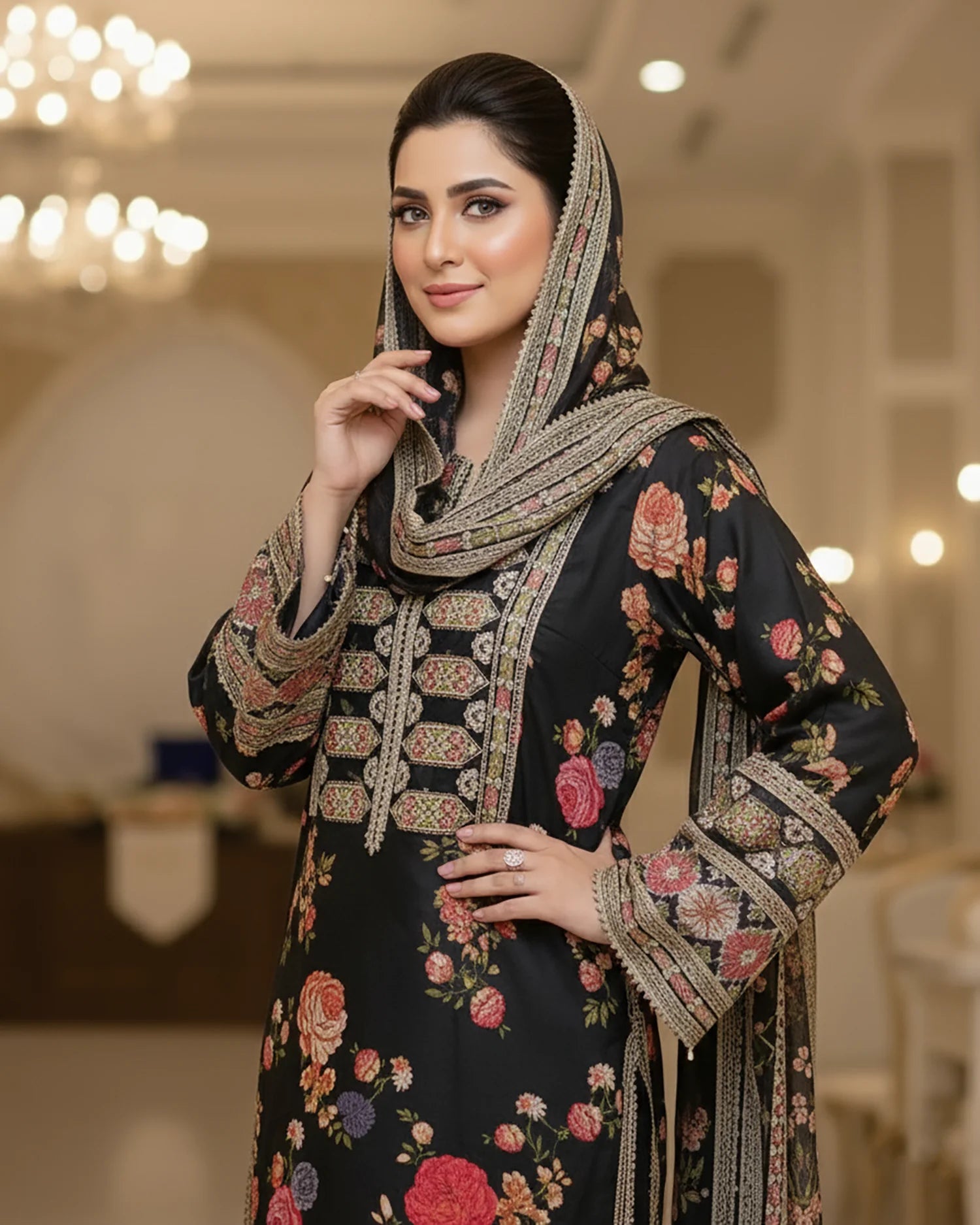 Presenting "Nimra" Designer Embroidered Printed Three Piece Suit