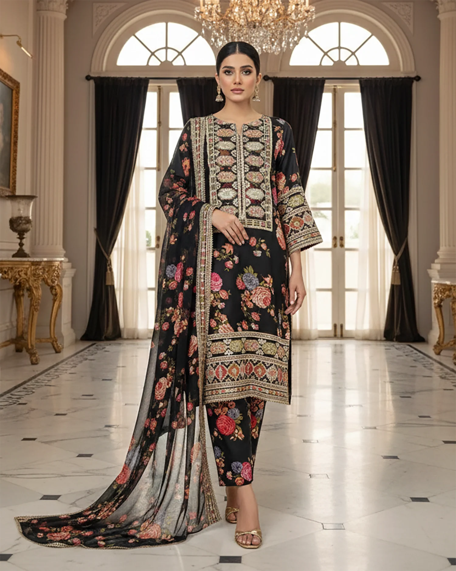 Presenting "Nimra" Designer Embroidered Printed Three Piece Suit