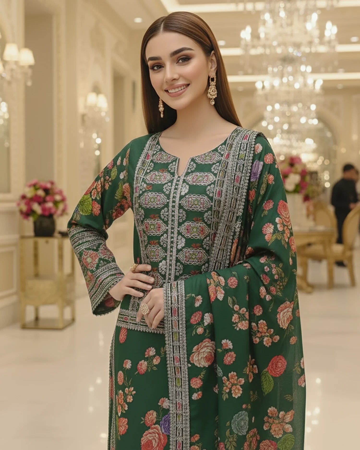 Presenting "Nimra" Designer Embroidered Printed Three Piece Suit