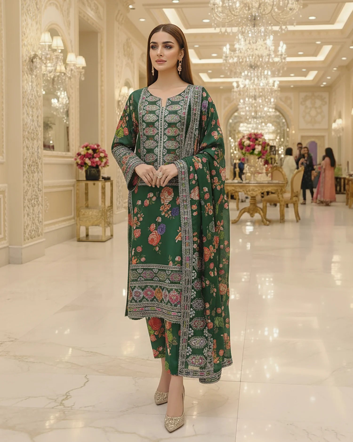 Presenting "Nimra" Designer Embroidered Printed Three Piece Suit