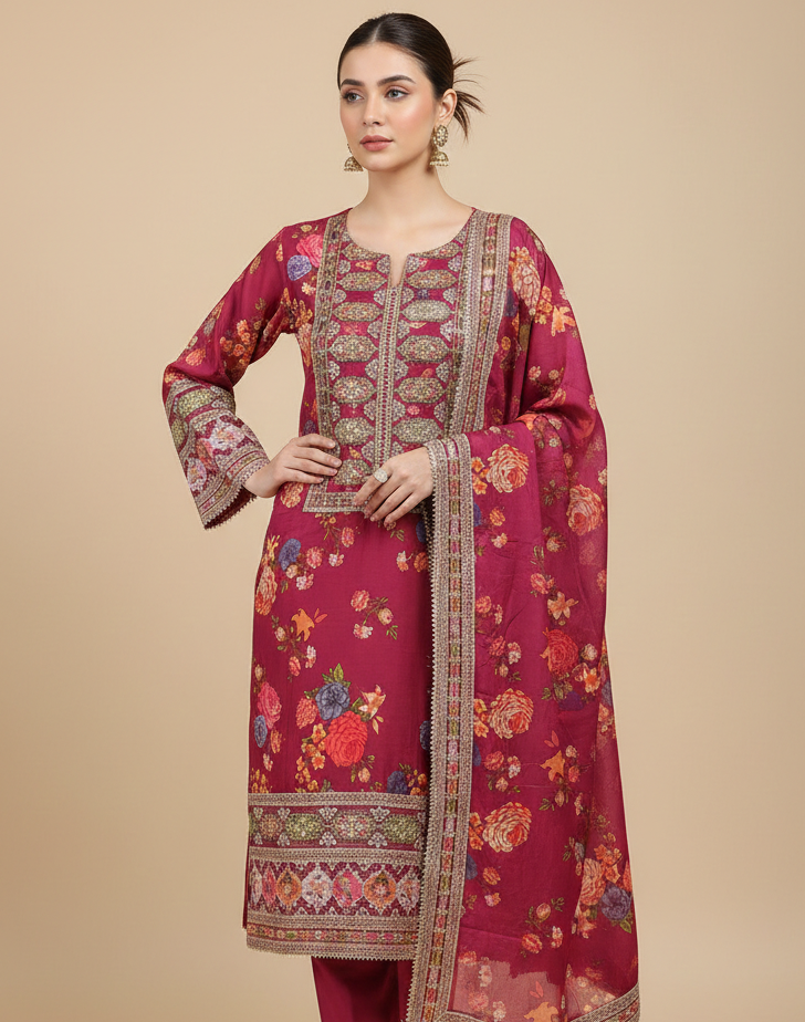Presenting "Nimra" Designer Embroidered Printed Three Piece Suit