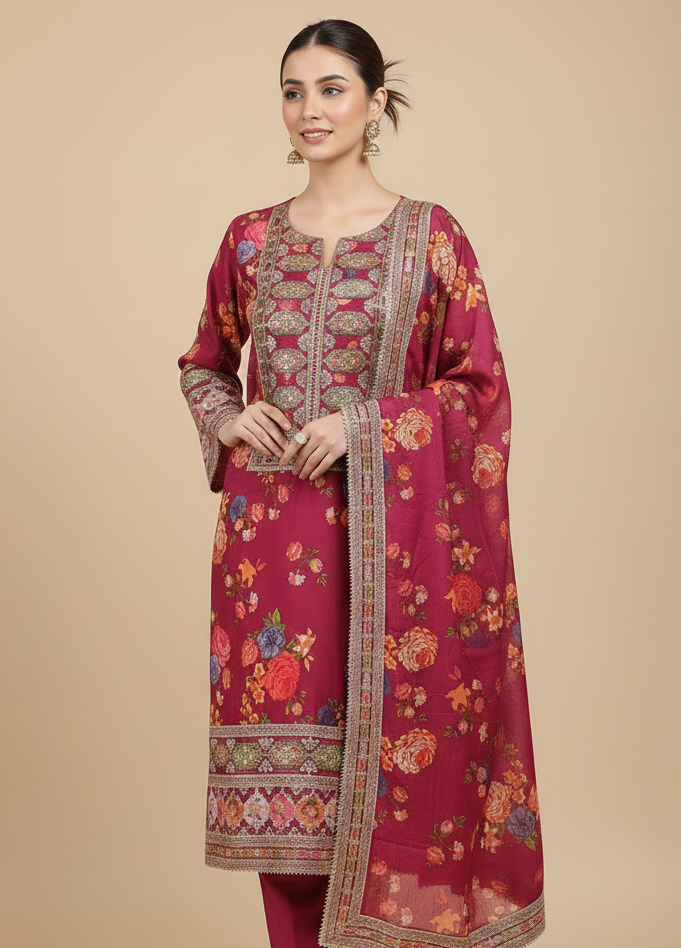 Presenting "Nimra" Designer Embroidered Printed Three Piece Suit