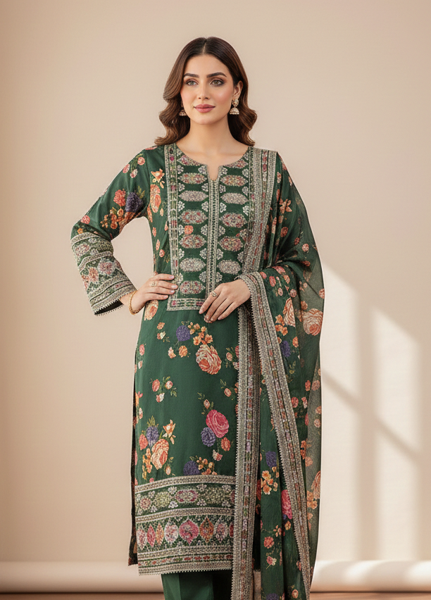 Presenting "Nimra" Designer Embroidered Printed Three Piece Suit