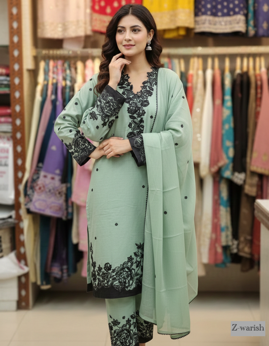 Presenting "Sumbal" Designer Embroidered Three Piece Suits