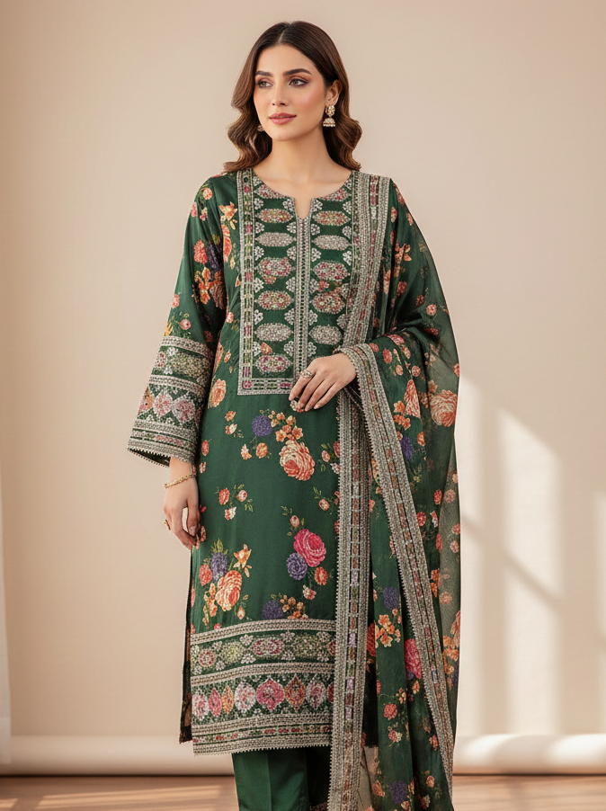 Presenting "Nimra" Designer Embroidered Printed Three Piece Suit