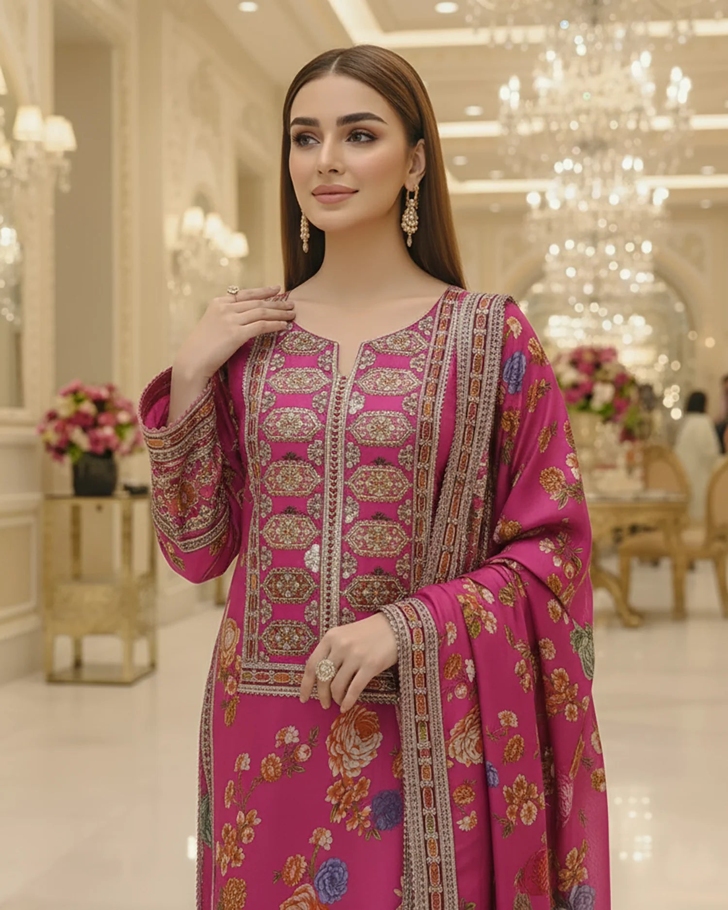 Presenting "Nimra" Designer Embroidered Printed Three Piece Suit