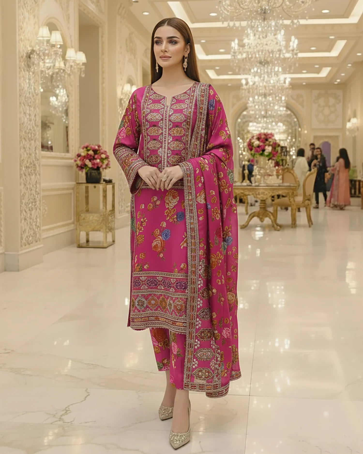 Presenting "Nimra" Designer Embroidered Printed Three Piece Suit